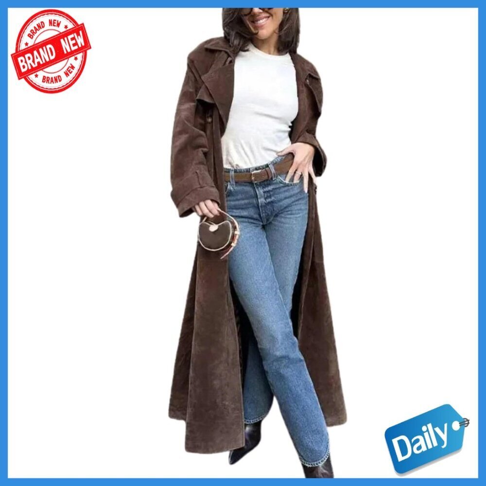 Faux Suede Long Trench Coat Double Breasted Pea Coat Belted Overcoat